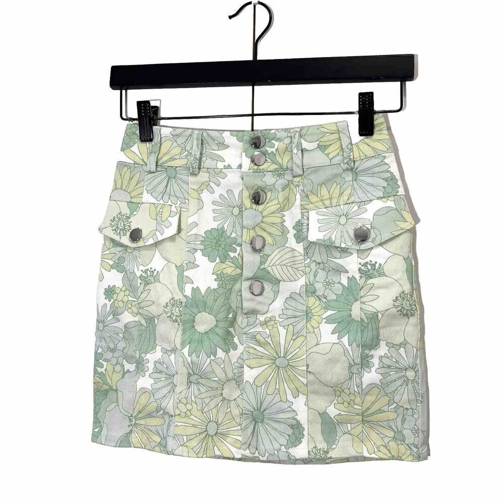 For Love And Lemons Denim Mini Skirt Women’s XS Floral Green Button Front Hippie